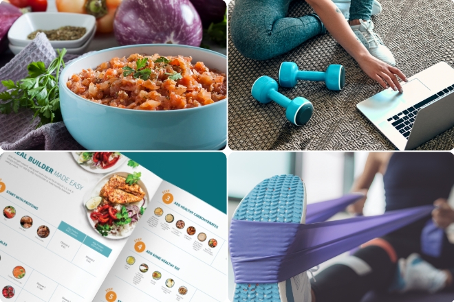 Collage image showing a bowl of soup, a woman working on a laptop next to hand weights, the Neora Healthy Eating Guide, and a woman using a resistance band 